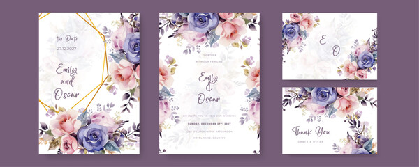 Fototapete - Watercolor wedding invitation template with rust flower dried floral and leaves decoration