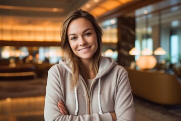 Wall Mural - Medium shot portrait photography of a happy girl in her 30s wearing a cozy zip-up hoodie against a swanky hotel lobby background. With generative AI technology