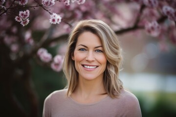 Wall Mural - Headshot portrait photography of a happy girl in her 30s wearing a cozy sweater against a cherry blossom background. With generative AI technology