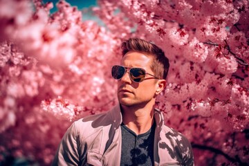 Wall Mural - Photography in the style of pensive portraiture of a joyful boy in his 30s wearing a trendy sunglasses against a cherry blossom background. With generative AI technology