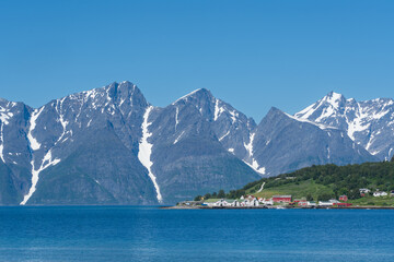 View from Rotsund with Lyngsalpene and Hamnnes in the backgroud. Norway landscapes.