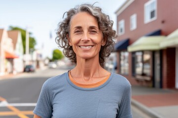 Wall Mural - Medium shot portrait photography of a satisfied mature girl wearing a sporty polo shirt against a small town main street background. With generative AI technology