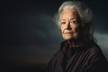 Wall Mural - Editorial portrait photography of a glad old woman wearing an elegant long-sleeve shirt against a dramatic thunderstorm background. With generative AI technology