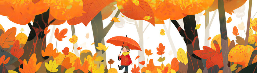 Wall Mural - A boy walking in colorful autumn park, banner background in cartoon style