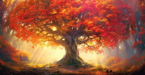 Wall Mural - majestic ancient tree with red foliage in autumn forest