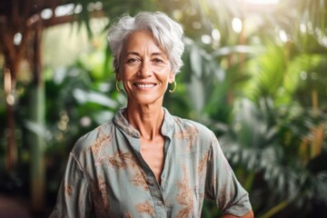 Wall Mural - Casual fashion portrait photography of a glad mature woman wearing a casual short-sleeve shirt against a botanical garden background. With generative AI technology