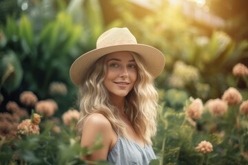 Poster - Casual fashion portrait photography of a satisfied mature girl wearing a trendy bikini and straw hat against a botanical garden background. With generative AI technology