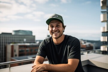 Sports portrait photography of a happy boy in his 30s wearing a cool cap against a rooftop terrace background. With generative AI technology