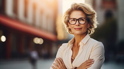 Wall Mural - business woman on glasses. meeting and connection. at building district background in the morning, bokeh. dynamic lighting from the setting morning sun, generative Ai.