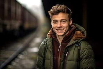 Poster - Headshot portrait photography of a grinning boy in his 30s wearing a warm parka against a historic train background. With generative AI technology