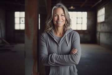 Wall Mural - Editorial portrait photography of a glad mature girl wearing a cozy zip-up hoodie against a spacious loft background. With generative AI technology