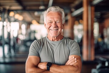 Wall Mural - Sports portrait photography of a happy old man wearing a casual t-shirt against a spacious loft background. With generative AI technology