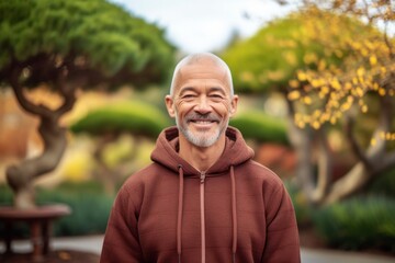 Wall Mural - Editorial portrait photography of a happy mature man wearing a stylish hoodie against a serene zen garden background. With generative AI technology