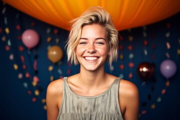 Wall Mural - Studio portrait photography of a grinning girl in her 30s wearing a cute crop top against a colorful hot air balloon background. With generative AI technology