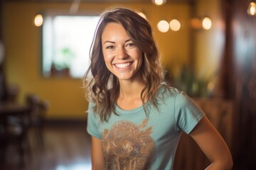 Sticker - Eclectic portrait photography of a grinning girl in her 30s wearing a fun graphic tee against a peaceful yoga studio background. With generative AI technology