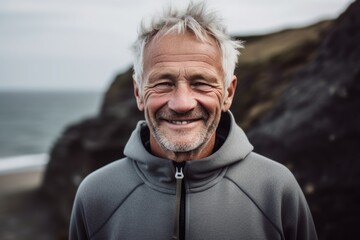 Wall Mural - Casual fashion portrait photography of a grinning old man wearing a comfortable hoodie against a dramatic coastal cliff background. With generative AI technology