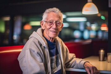 Wall Mural - Medium shot portrait photography of a happy old man wearing a comfortable hoodie against a classic diner background. With generative AI technology