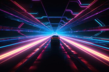 Wall Mural - Neon Color Motion On Speedway. Scifi illustration with neon lights and road. Speeding Sport Car On Neon Highway. Generative ai.