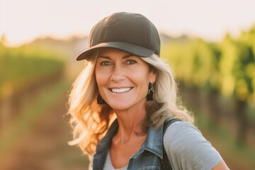 Wall Mural - Close-up portrait photography of a joyful mature girl wearing a cool cap or hat against a picturesque vineyard background. With generative AI technology