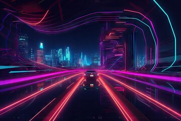 Wall Mural - Neon Color Motion On Speedway. Scifi illustration with neon lights and road. Speeding Sport Car On Neon Highway. Generative ai.