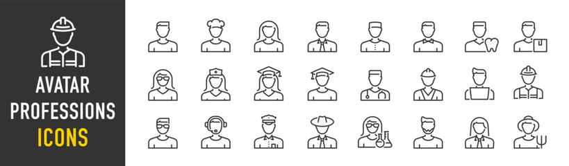 Avatar Professions web icons in line style. Doctor, policeman, business man and woman, chef, fireman, nurse, collection. Vector illustration.