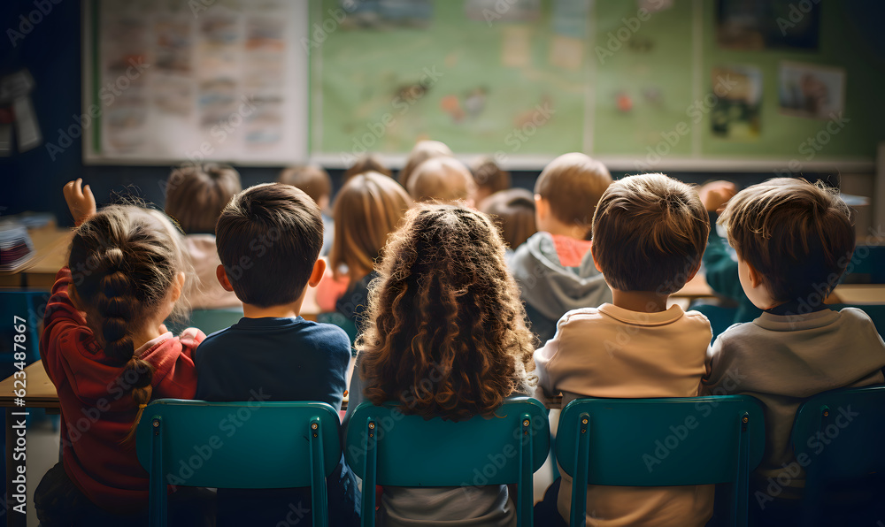 kids going back to school in a happy colorful classroom Stock ...