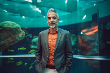 Wall Mural - Urban fashion portrait photography of a satisfied mature man wearing a chic jumpsuit against a vibrant aquarium background. With generative AI technology