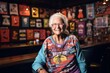 © Markus Schröder - Casual fashion portrait photography of a happy old woman wearing a fun graphic tee against a lively sports bar background. With generative AI technology