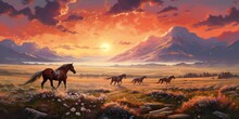 AI Generated. AI Generative. Wild Horses On Field Meadow Nature Outdoor Landscape. Relaxing Calm Inner Peace Vacation Adventure Western Sountryside Lifestyle Vibe. Graphic Art