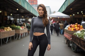 Wall Mural - Urban fashion portrait photography of a glad girl in her 30s wearing a versatile pair of leggings against a bustling farmer's market background. With generative AI technology