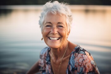 Casual fashion portrait photography of a grinning old woman wearing underclothing against a scenic lagoon background. With generative AI technology