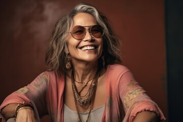 Poster - Three-quarter studio portrait photography of a happy mature girl wearing a trendy sunglasses against a serene meditation space background. With generative AI technology