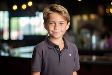 Wall Mural - Photography in the style of pensive portraiture of a happy kid male wearing a sporty polo shirt against a lively brewery background. With generative AI technology