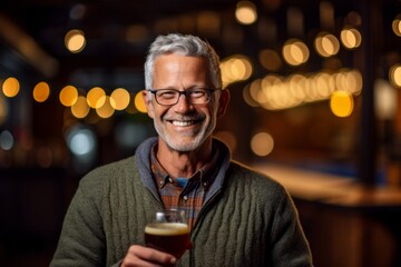 Wall Mural - Three-quarter studio portrait photography of a satisfied mature man wearing a cozy sweater against a lively brewery background. With generative AI technology