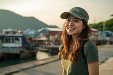 Wall Mural - Editorial portrait photography of a joyful girl in her 30s wearing a cool cap or hat against a picturesque fishing village background. With generative AI technology