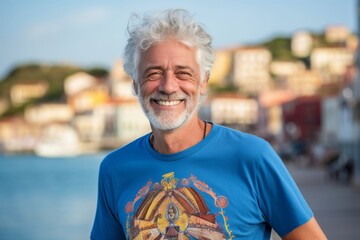 Wall Mural - Medium shot portrait photography of a joyful mature man wearing a fun graphic tee against a picturesque fishing village background. With generative AI technology