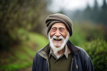 Wall Mural - Environmental portrait photography of a grinning old man wearing a warm beanie against a serene tea garden background. With generative AI technology