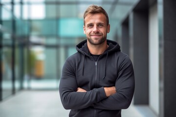 Sticker - Close-up portrait photography of a satisfied boy in his 30s wearing a comfortable tracksuit against a modern office building background. With generative AI technology