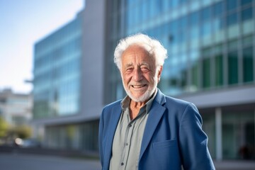 Sticker - Three-quarter studio portrait photography of a grinning old man wearing a chic jumpsuit against a modern office building background. With generative AI technology