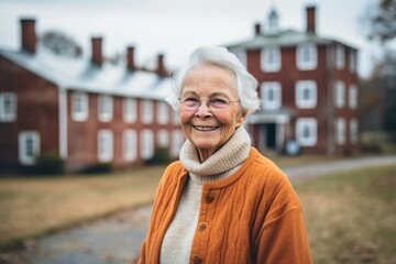 Wall Mural - Headshot portrait photography of a happy old woman wearing a cozy sweater against a historic colonial village background. With generative AI technology