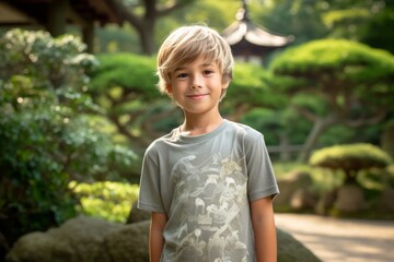 Wall Mural - Casual fashion portrait photography of a glad kid male wearing a casual t-shirt against a tranquil japanese garden background. With generative AI technology