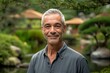© Markus Schröder - Eclectic portrait photography of a glad mature boy wearing a sporty polo shirt against a tranquil japanese garden background. With generative AI technology