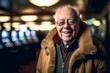 © Markus Schröder - Studio portrait photography of a grinning old man wearing a warm parka against a bustling casino background. With generative AI technology