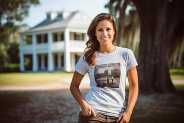 Canvas Print - Studio portrait photography of a tender girl in her 30s wearing a fun graphic tee against a historic plantation background. With generative AI technology