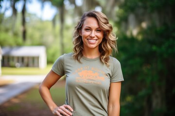 Wall Mural - Studio portrait photography of a tender girl in her 30s wearing a fun graphic tee against a historic plantation background. With generative AI technology