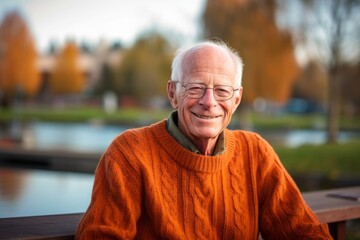Wall Mural - Studio portrait photography of a grinning old man wearing a cozy sweater against a vibrant city park background. With generative AI technology