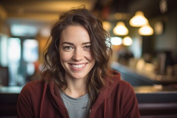 Wall Mural - Close-up portrait photography of a joyful girl in her 30s wearing a cozy zip-up hoodie against a bustling cafe background. With generative AI technology