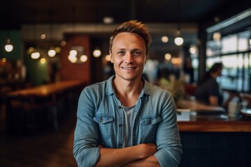 Wall Mural - Eclectic portrait photography of a grinning boy in his 30s wearing a casual t-shirt against a bustling cafe background. With generative AI technology