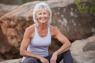 Wall Mural - Editorial portrait photography of a satisfied mature woman wearing a sporty tank top against a serene rock garden background. With generative AI technology