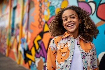 Sticker - Editorial portrait photography of a happy kid female wearing a classy button-up shirt against a vibrant street mural background. With generative AI technology